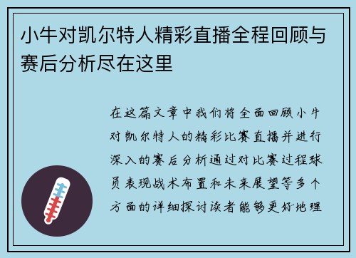 小牛对凯尔特人精彩直播全程回顾与赛后分析尽在这里